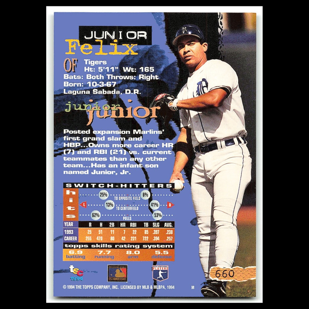 Junior Felix #660 1994 Topps Stadium Club Detroit Tigers Baseball Card MLB NM
