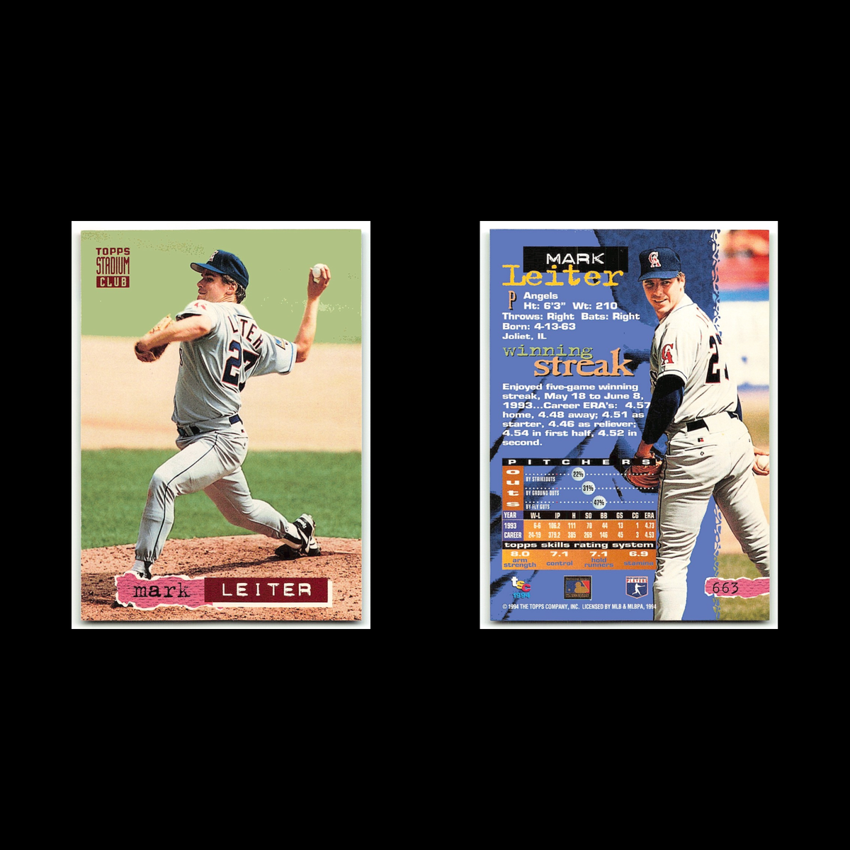 Mark Leiter #663 1994 Topps Stadium Club California Angels Baseball Card MLB NM