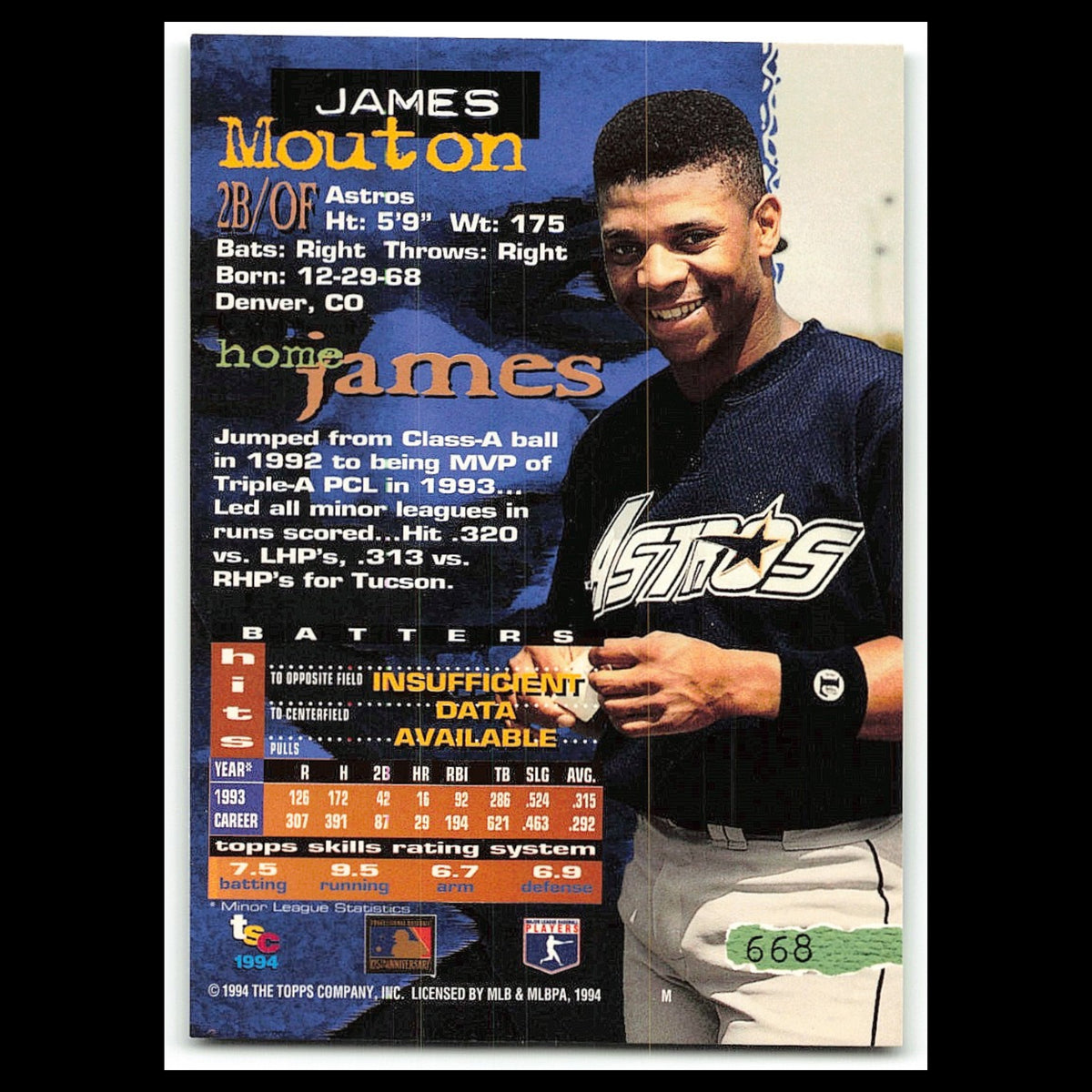 James Mouton #668 1994 Topps Stadium Club Houston Astros Baseball Card MLB NM