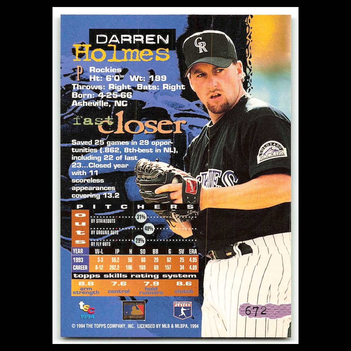 Darren Holmes #672 1994 Topps Stadium Club Colorado Rockies Baseball Card MLB NM