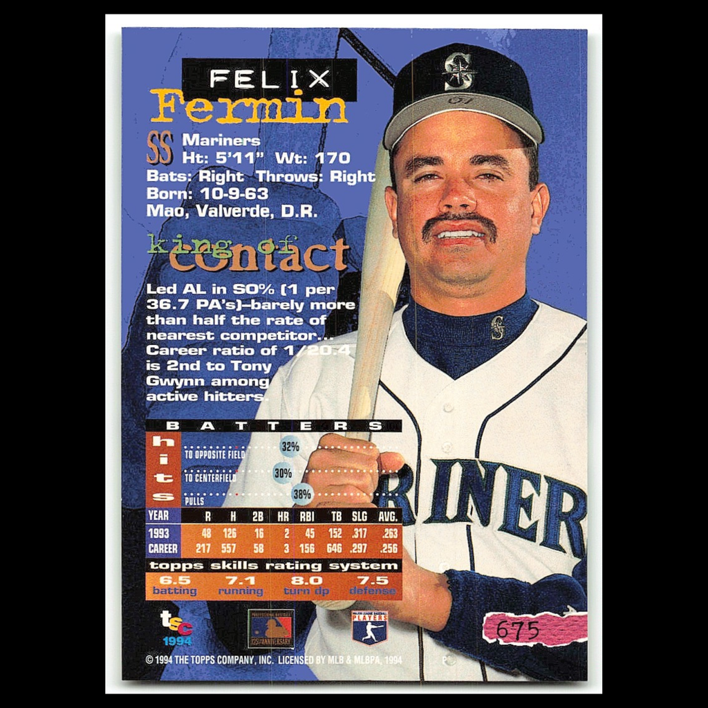 Felix Fermin #675 1994 Topps Stadium Club Seattle Mariners Baseball Card MLB NM
