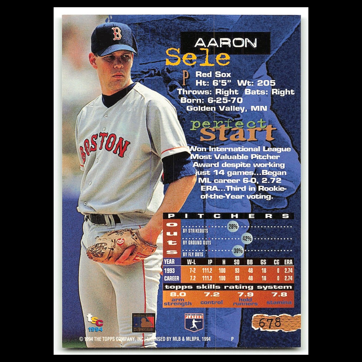 Aaron Sele #678 1994 Topps Stadium Club Boston Red Sox Baseball Card MLB NM