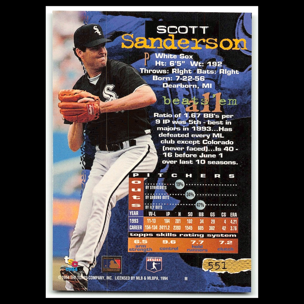 Scott Sanderson #551 1994 Topps Stadium Club Chicago White Sox Baseball Card MLB
