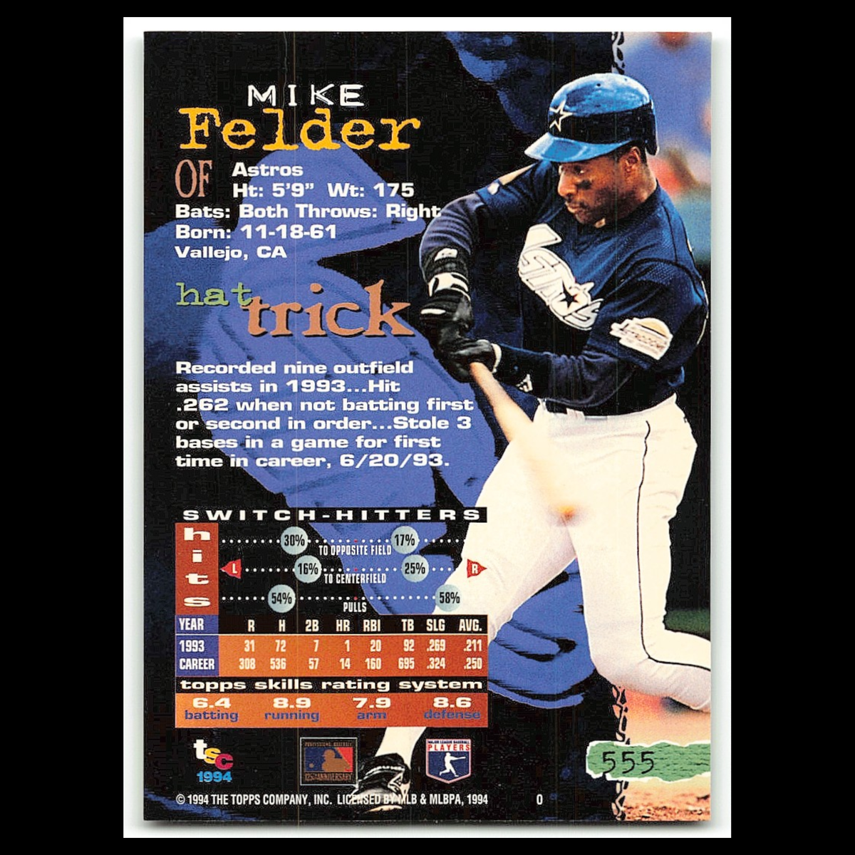 Mike Felder #555 1994 Topps Stadium Club Houston Astros Baseball Card MLB NM