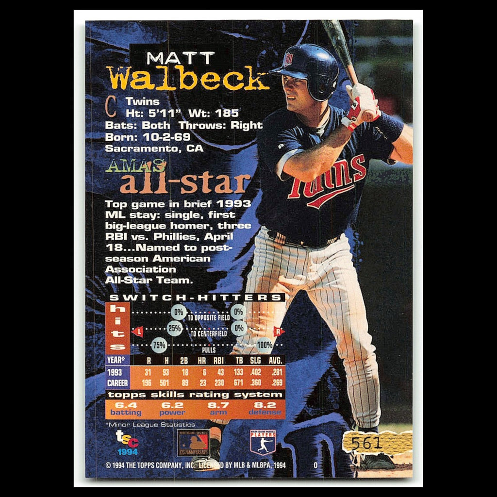 Matt Walbeck #561 1994 Topps Stadium Club Minnesota Twins Baseball Card MLB NM