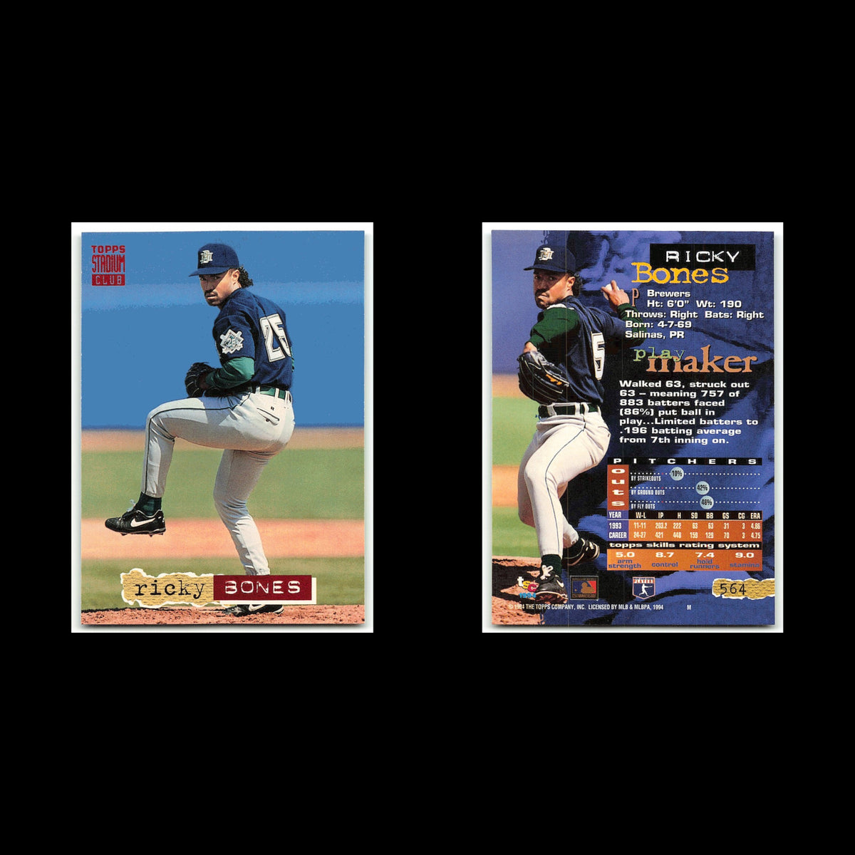 Ricky Bones #564 1994 Topps Stadium Club Milwaukee Brewers Baseball Card MLB NM