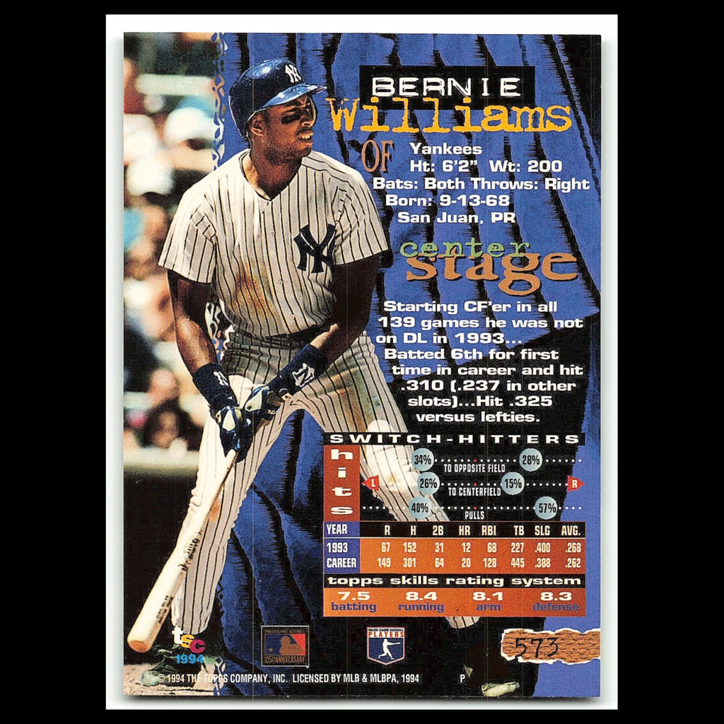 Bernie Williams #573 1994 Topps Stadium Club New York Yankees Baseball Card MLB