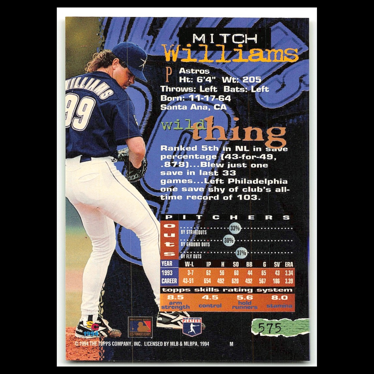 Mitch Williams #575 1994 Topps Stadium Club Houston Astros Baseball Card MLB NM