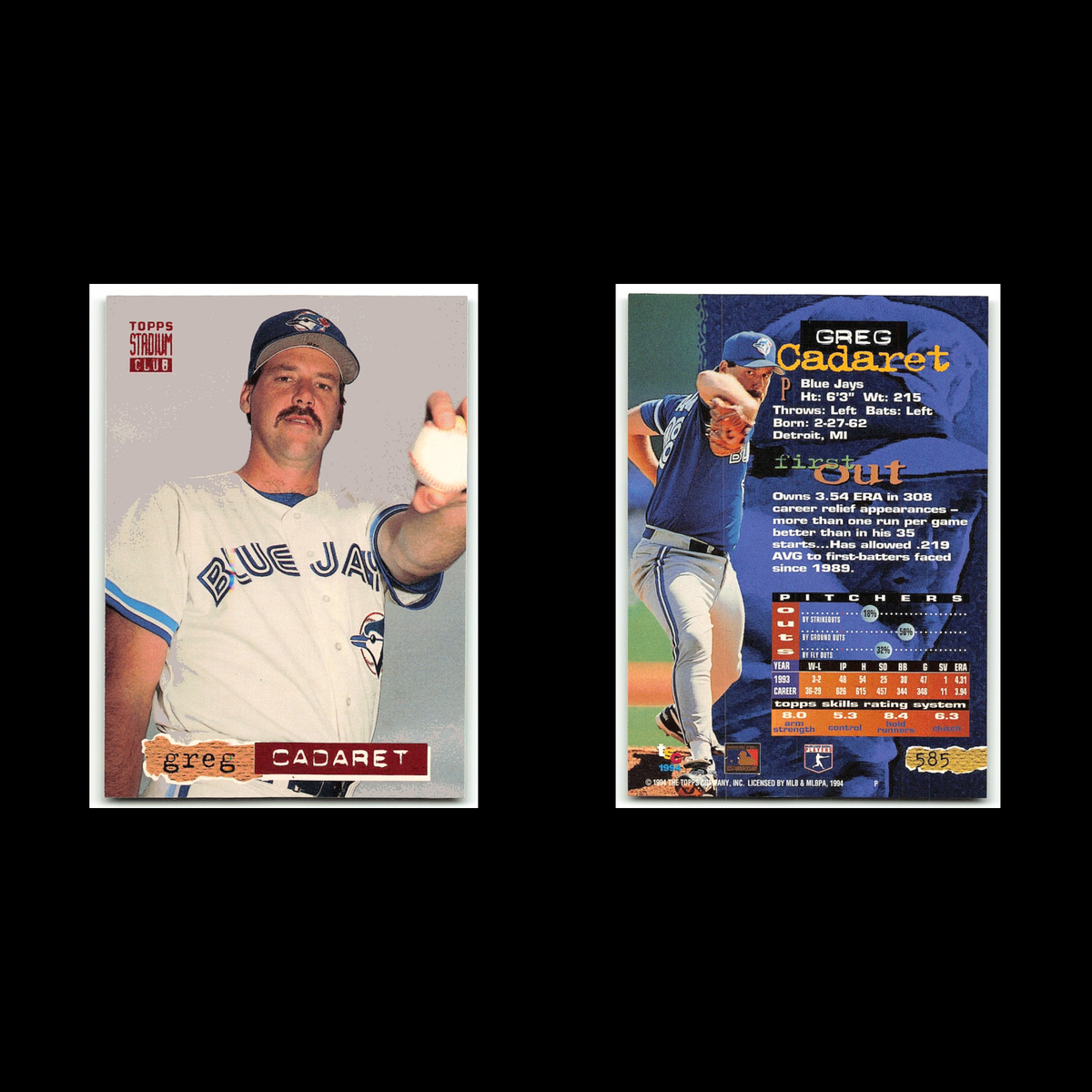 Greg Cadaret #585 1994 Topps Stadium Club Toronto Blue Jays Baseball Card MLB NM