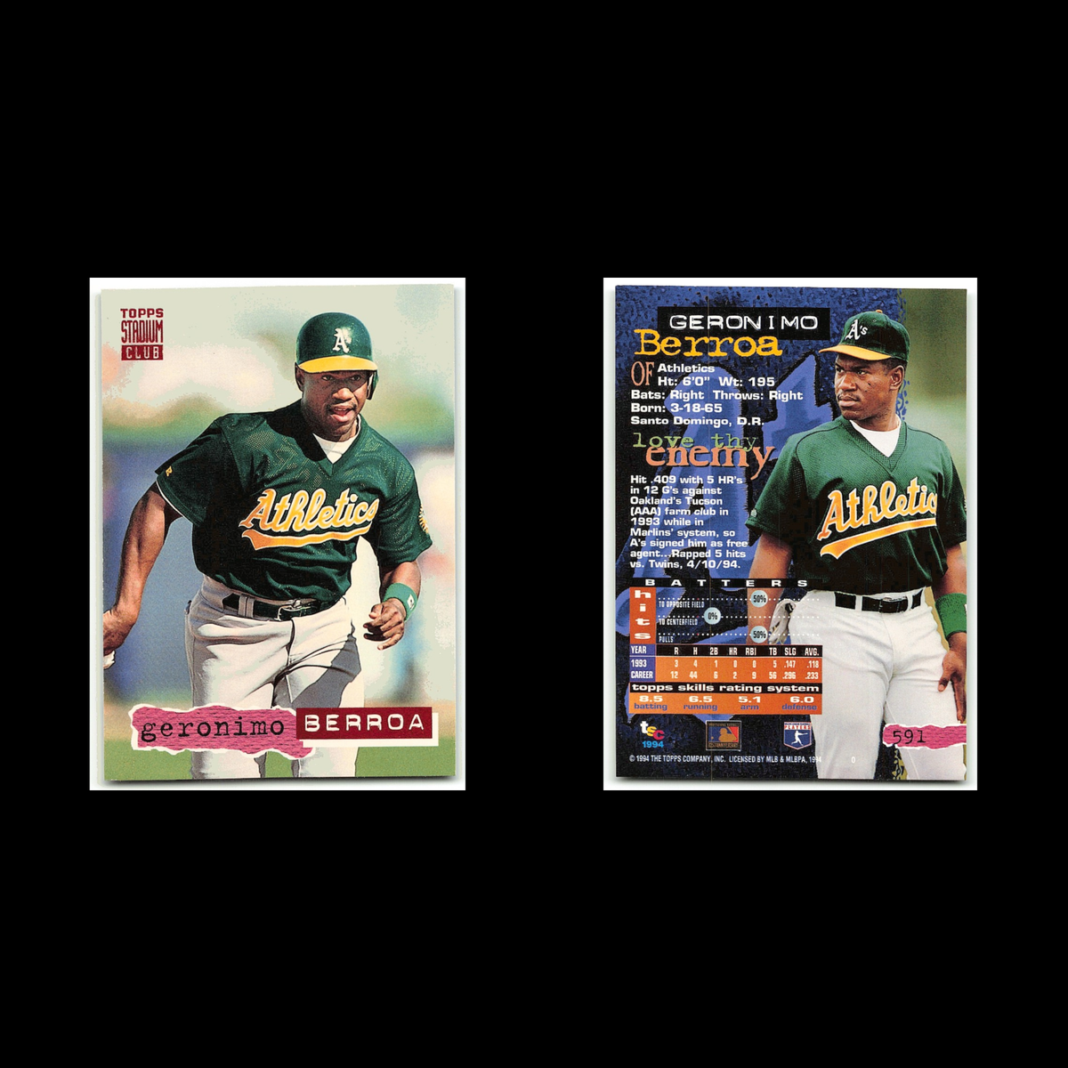 Geronimo Berroa #591 1994 Topps Stadium Club Oakland Athletics Baseball Card MLB