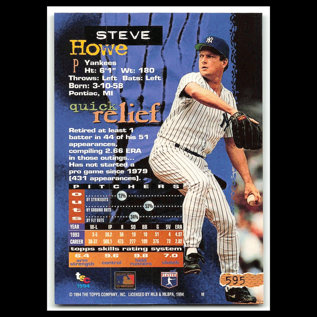 Steve Howe #595 1994 Topps Stadium Club New York Yankees Baseball Card MLB NM