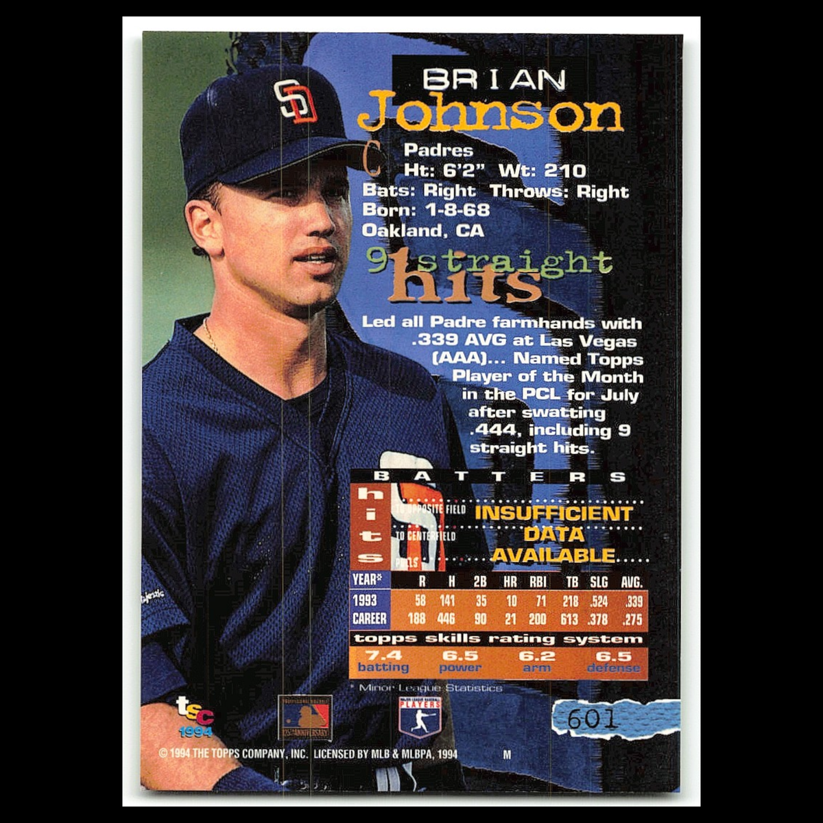 Brian Johnson Rookie #601 1994 Topps Stadium Club San Diego Padres Baseball Card