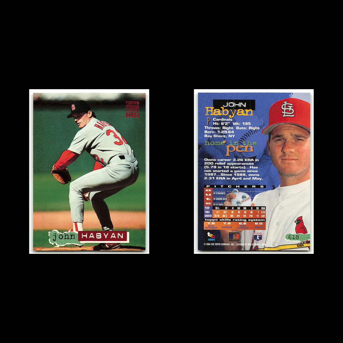 John Habyan #618 1994 Topps Stadium Club St. Louis Cardinals Baseball Card MLB