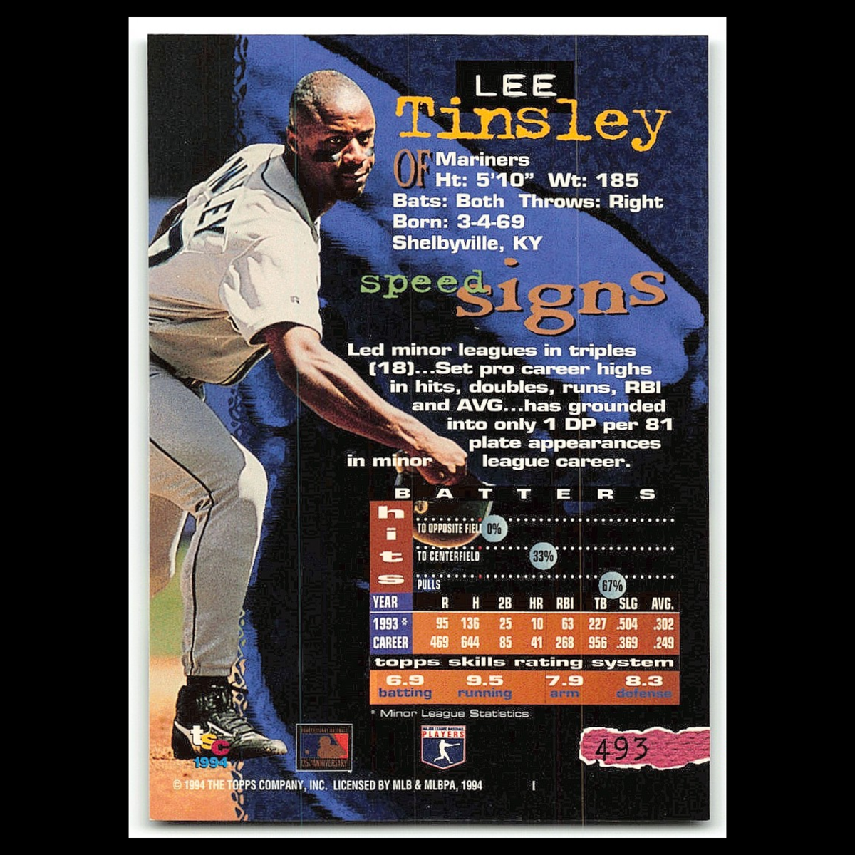 Lee Tinsley #493 1994 Topps Stadium Club Seattle Mariners Baseball Card MLB NM