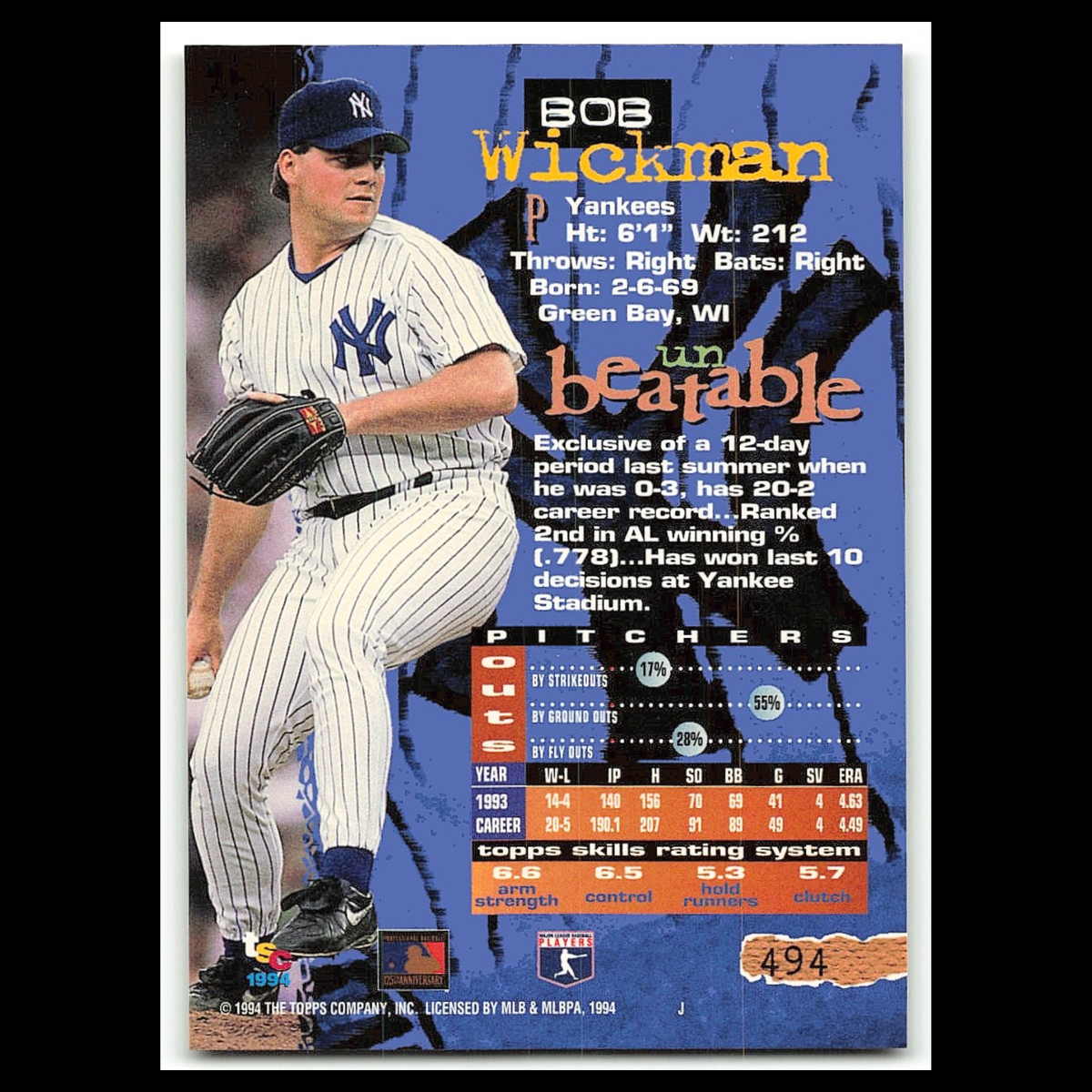 Bob Wickman #494 1994 Topps Stadium Club New York Yankees Baseball Card MLB NM
