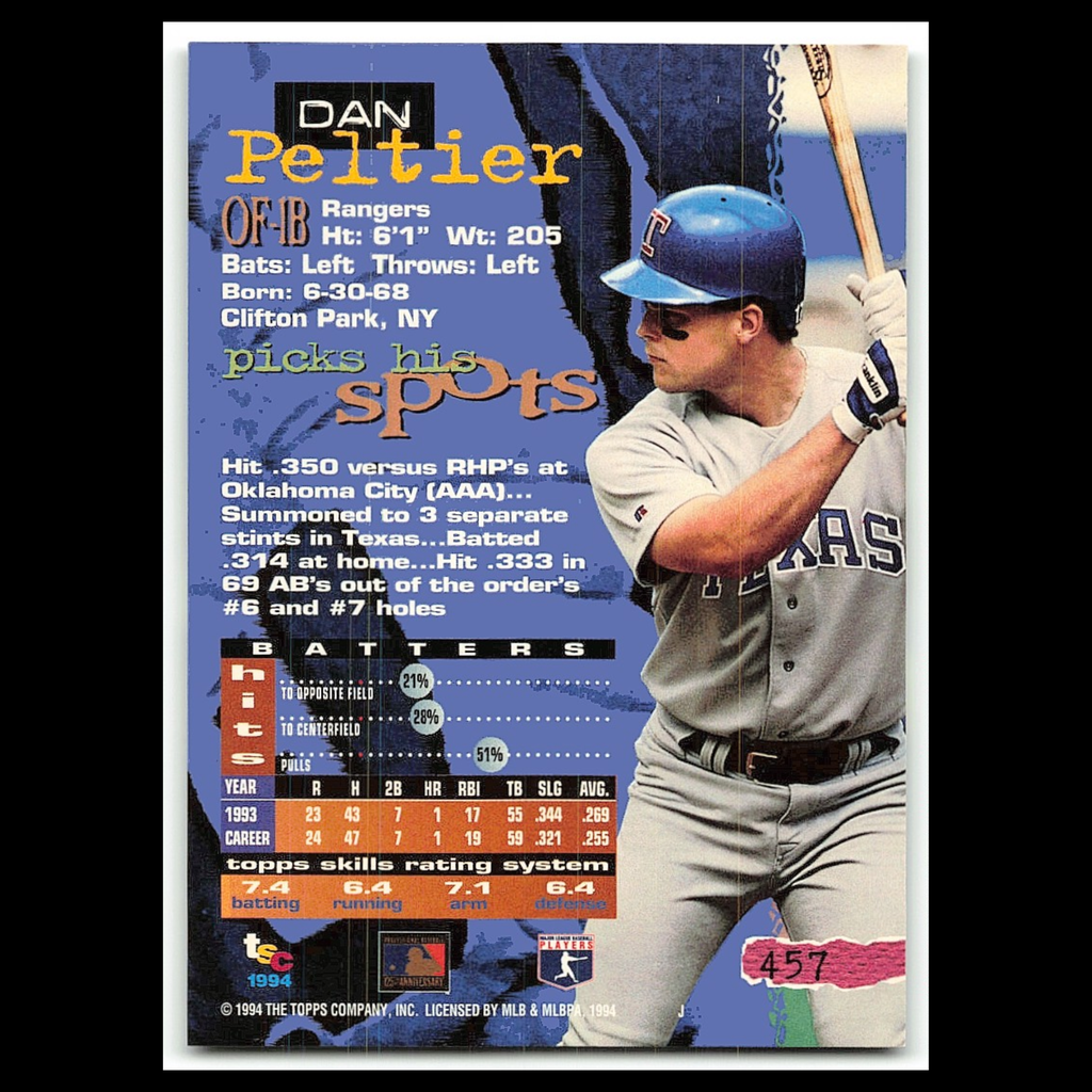 Dan Peltier #457 1994 Topps Stadium Club Texas Rangers Baseball Card MLB NM
