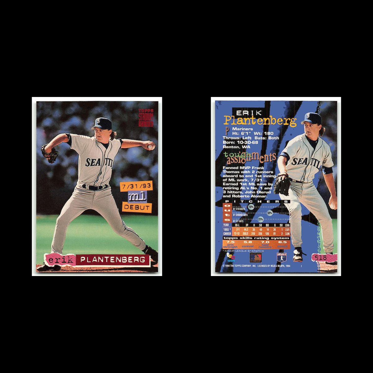 Erik Plantenberg #518 1994 Topps Stadium Club Seattle Mariners Baseball Card MLB