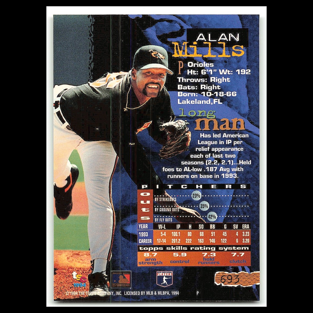 Alan Mills #693 1994 Topps Stadium Club Baltimore Orioles Baseball Card MLB NM