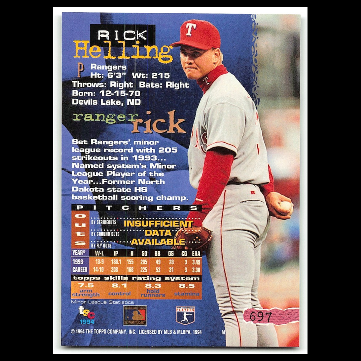 Rick Helling #697 1994 Topps Stadium Club Texas Rangers Baseball Card MLB NM