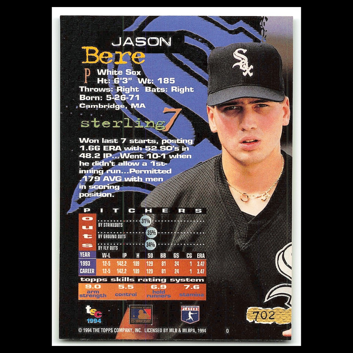 Jason Bere #702 1994 Topps Stadium Club Chicago White Sox Baseball Card MLB NM