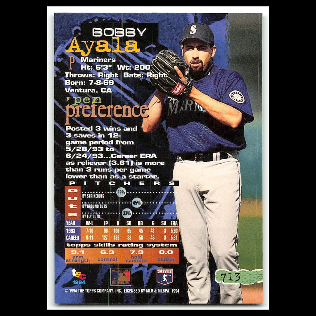Bobby Ayala #713 1994 Topps Stadium Club Seattle Mariners Baseball Card MLB NM