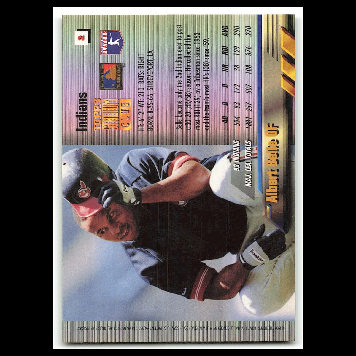 Albert Belle #2 1994 Topps Stadium Club Cleveland Indians Baseball Card MLB NM