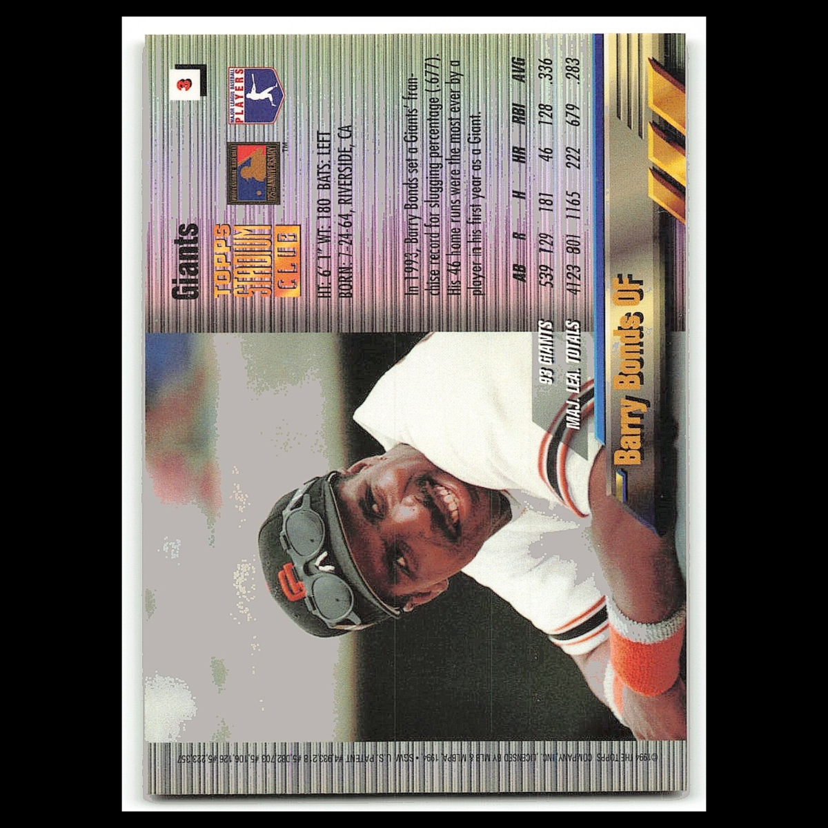 Barry Bonds #3 1994 Topps Stadium Club San Francisco Giants Baseball Card MLB NM