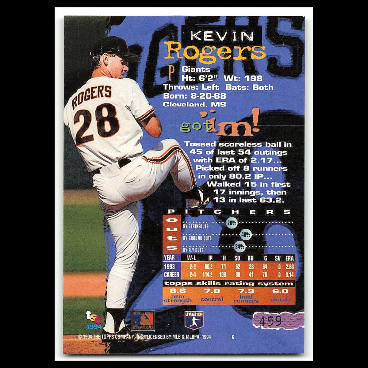 Kevin Rogers #459 1994 Topps Stadium Club San Francisco Giants Baseball Card MLB