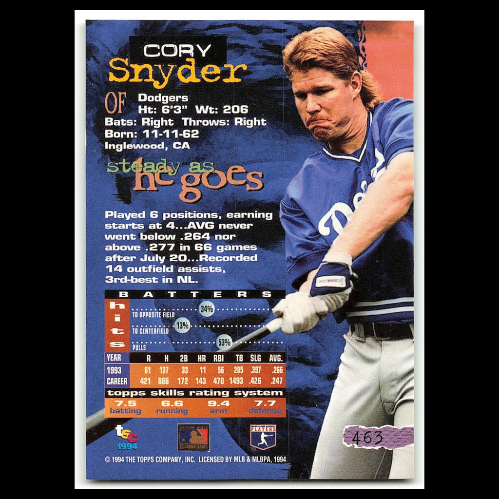 Cory Snyder #463 1994 Topps Stadium Club Los Angeles Dodgers Baseball Card MLB