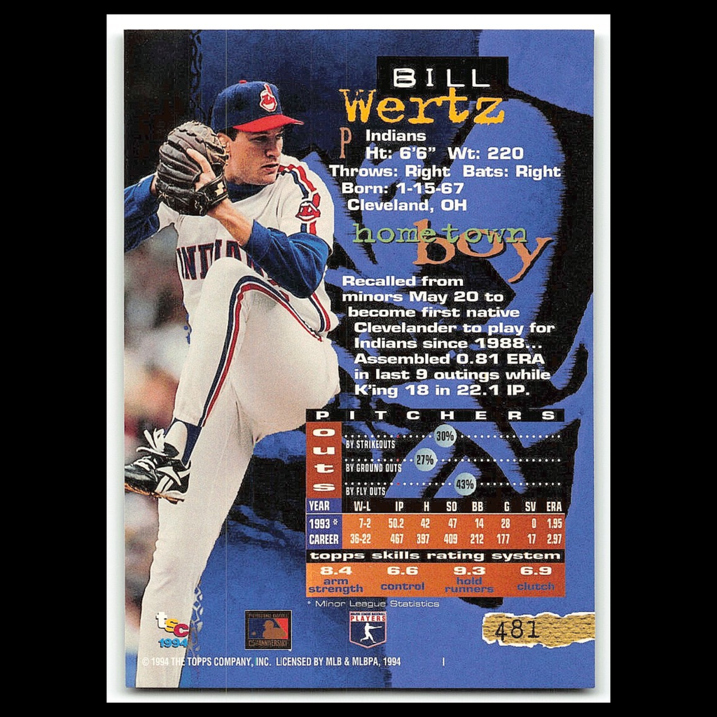 Bill Wertz #461 1994 Topps Stadium Club Cleveland Indians Baseball Card MLB NM