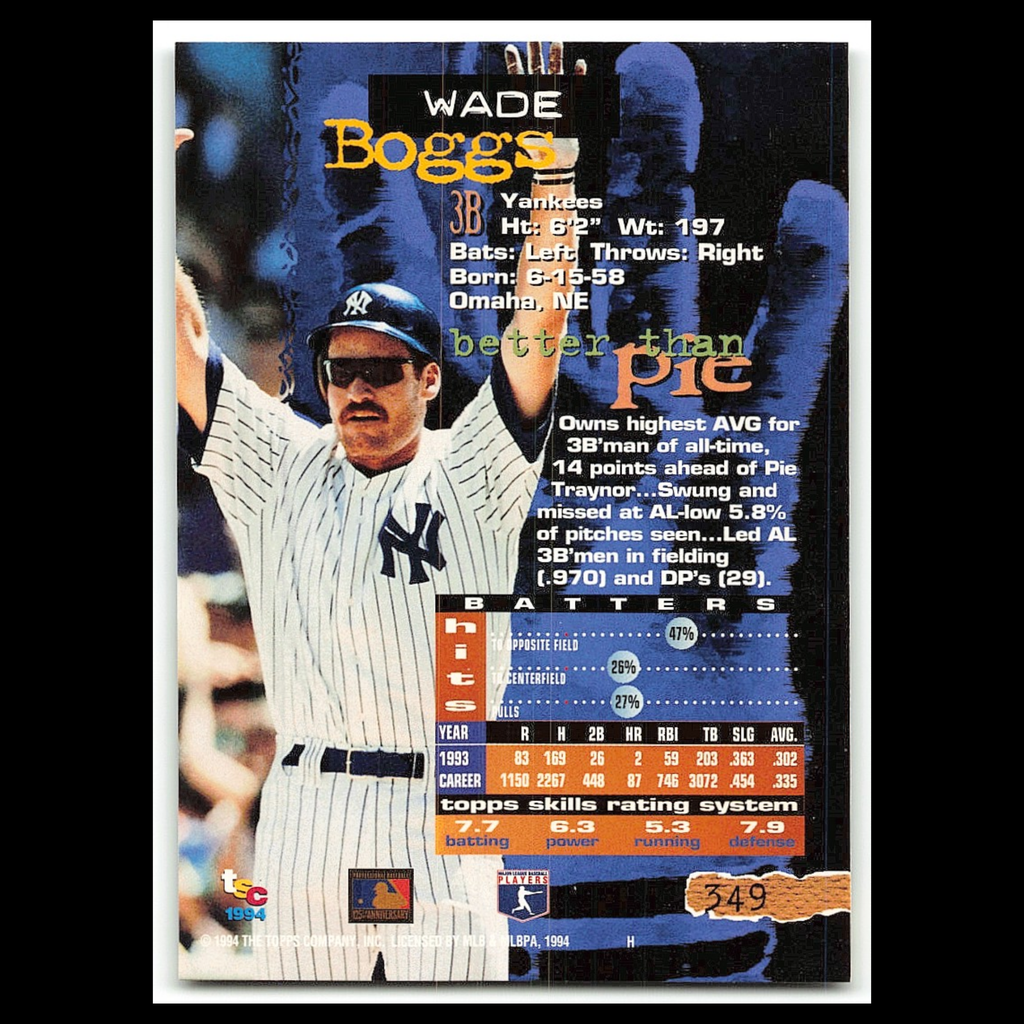 Wade Boggs #349 1994 Topps Stadium Club New York Yankees Baseball Card MLB NM