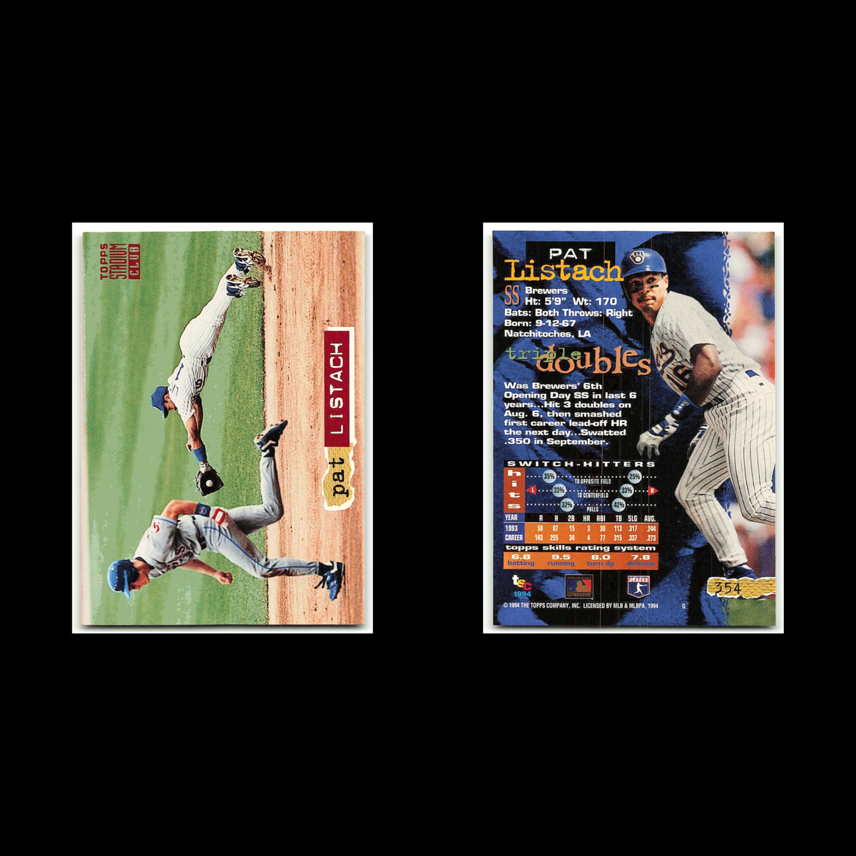 Pat Listach #354 1994 Topps Stadium Club Milwaukee Brewers Baseball Card MLB NM