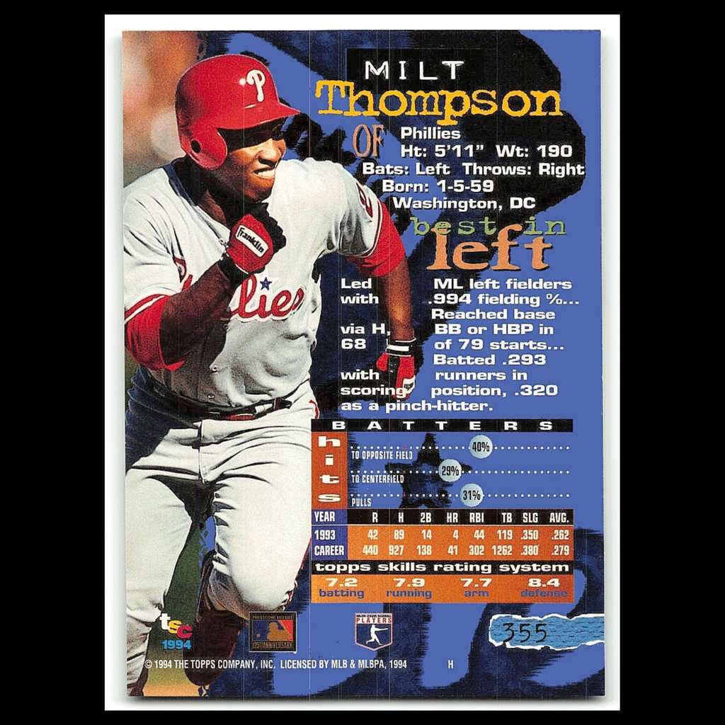 Milt Thompson #355 1994 Topps Stadium Club Philadelphia Phillies Baseball Card