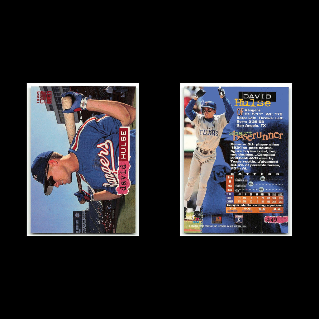 David Hulse #498 1994 Topps Stadium Club Texas Rangers Baseball Card MLB NM