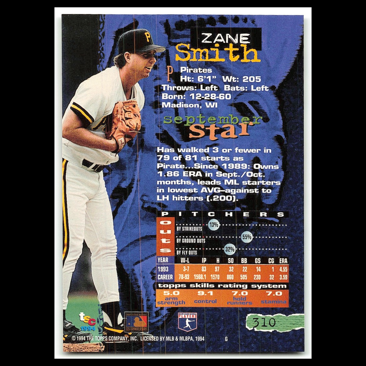 Zane Smith #310 1994 Topps Stadium Club Pittsburgh Pirates Baseball Card MLB NM