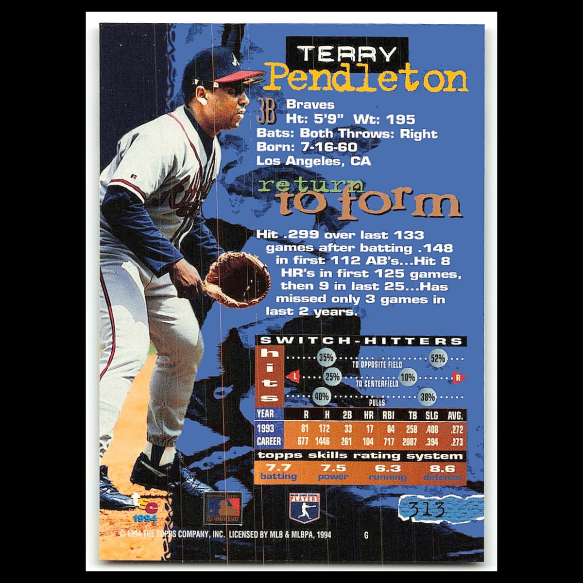 Terry Pendleton #313 1994 Topps Stadium Club Atlanta Braves Baseball Card MLB NM