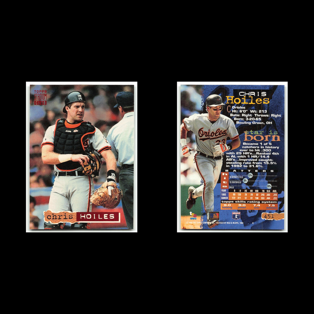 Chris Hoiles #451 1994 Topps Stadium Club Baltimore Orioles Baseball Card MLB NM
