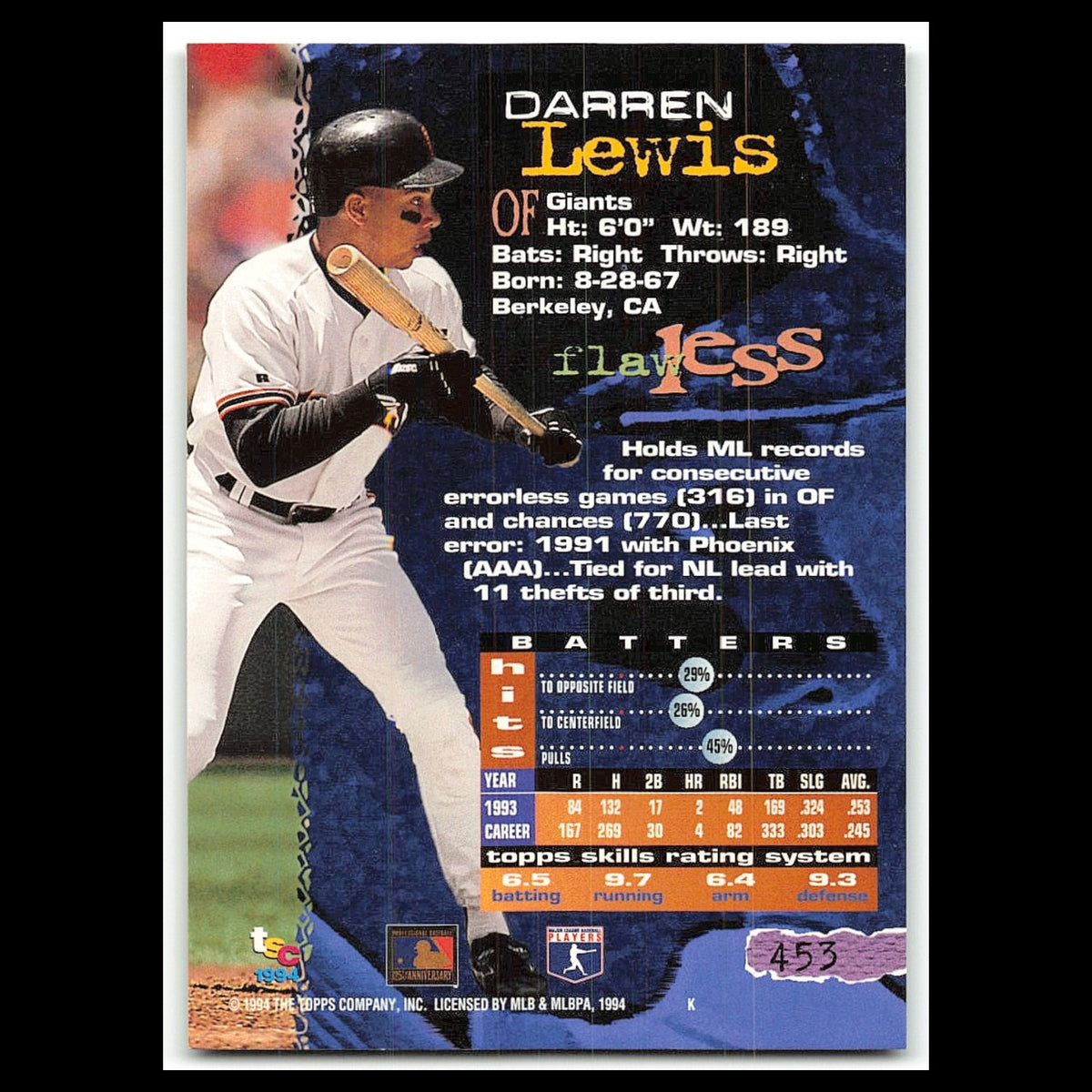 Darren Lewis #453 1994 Topps Stadium Club San Francisco Giants Baseball Card MLB