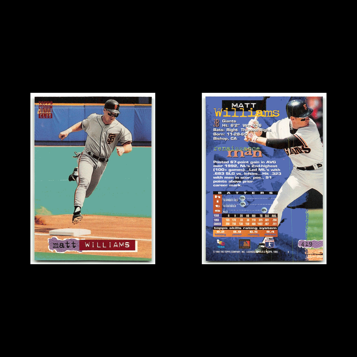 Matt Williams #419 1994 Topps Stadium Club San Francisco Giants Baseball Card NM
