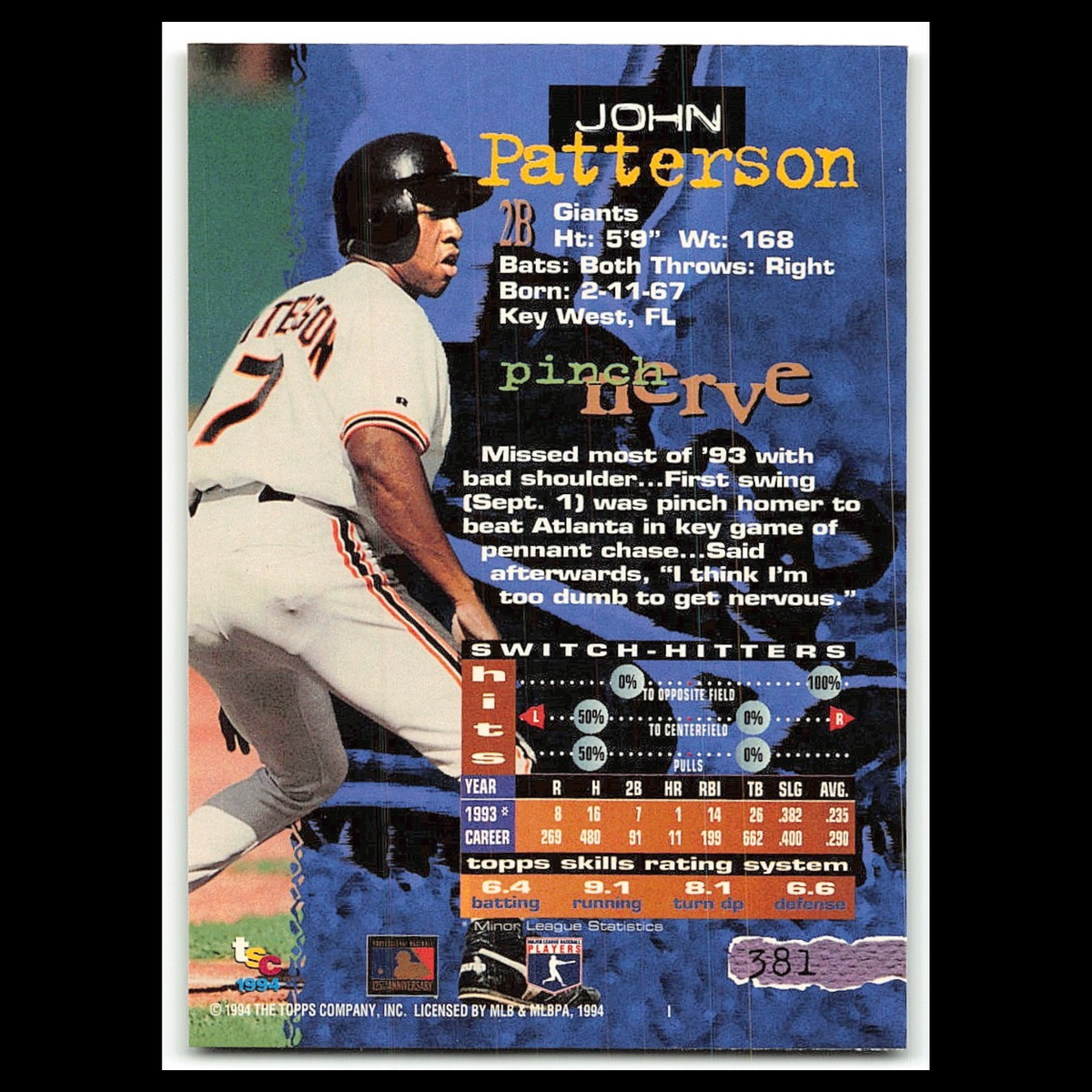 John Patterson #381 1994 Topps Stadium Club San Francisco Giants Baseball Card