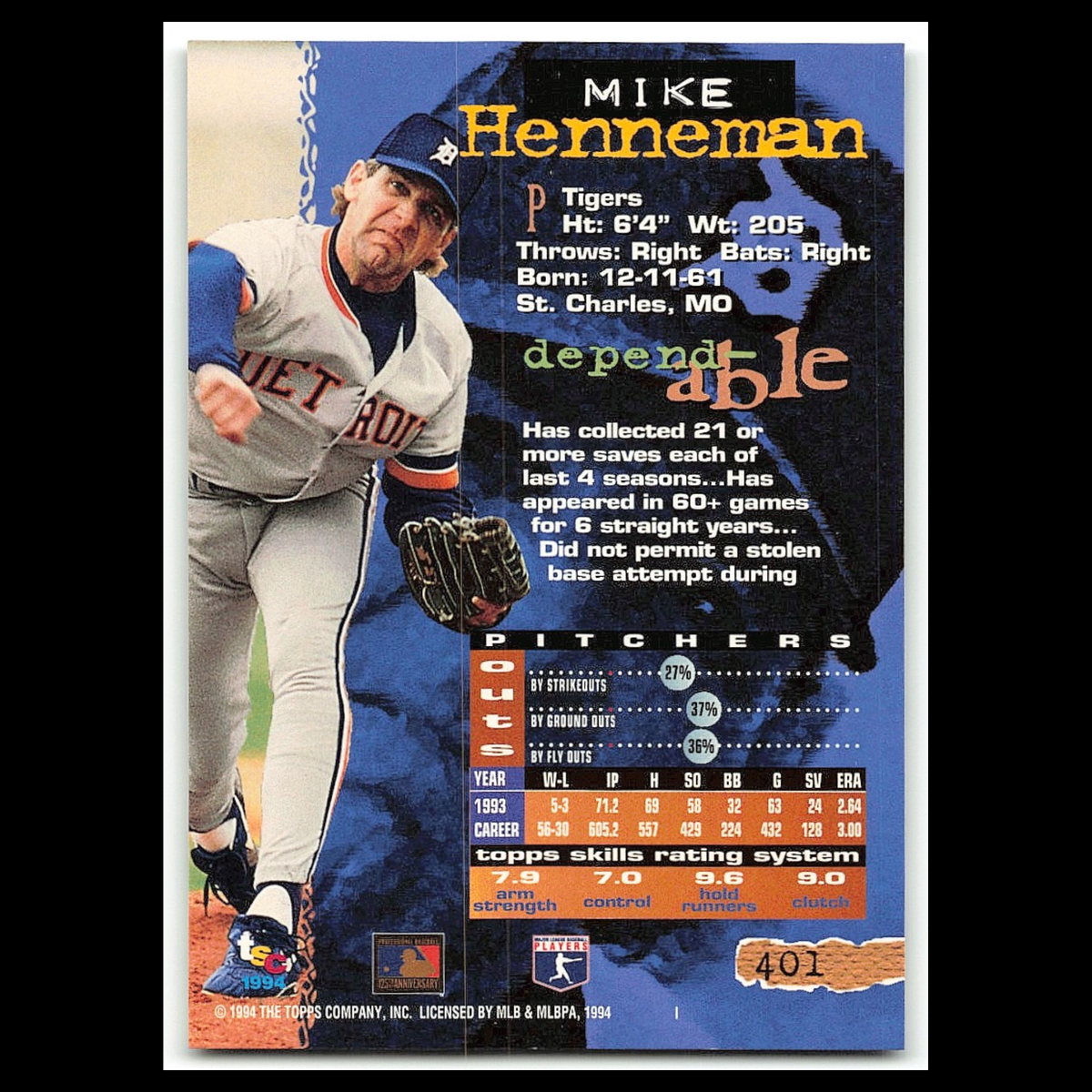 Mike Henneman #401 1994 Topps Stadium Club Detroit Tigers Baseball Card MLB NM