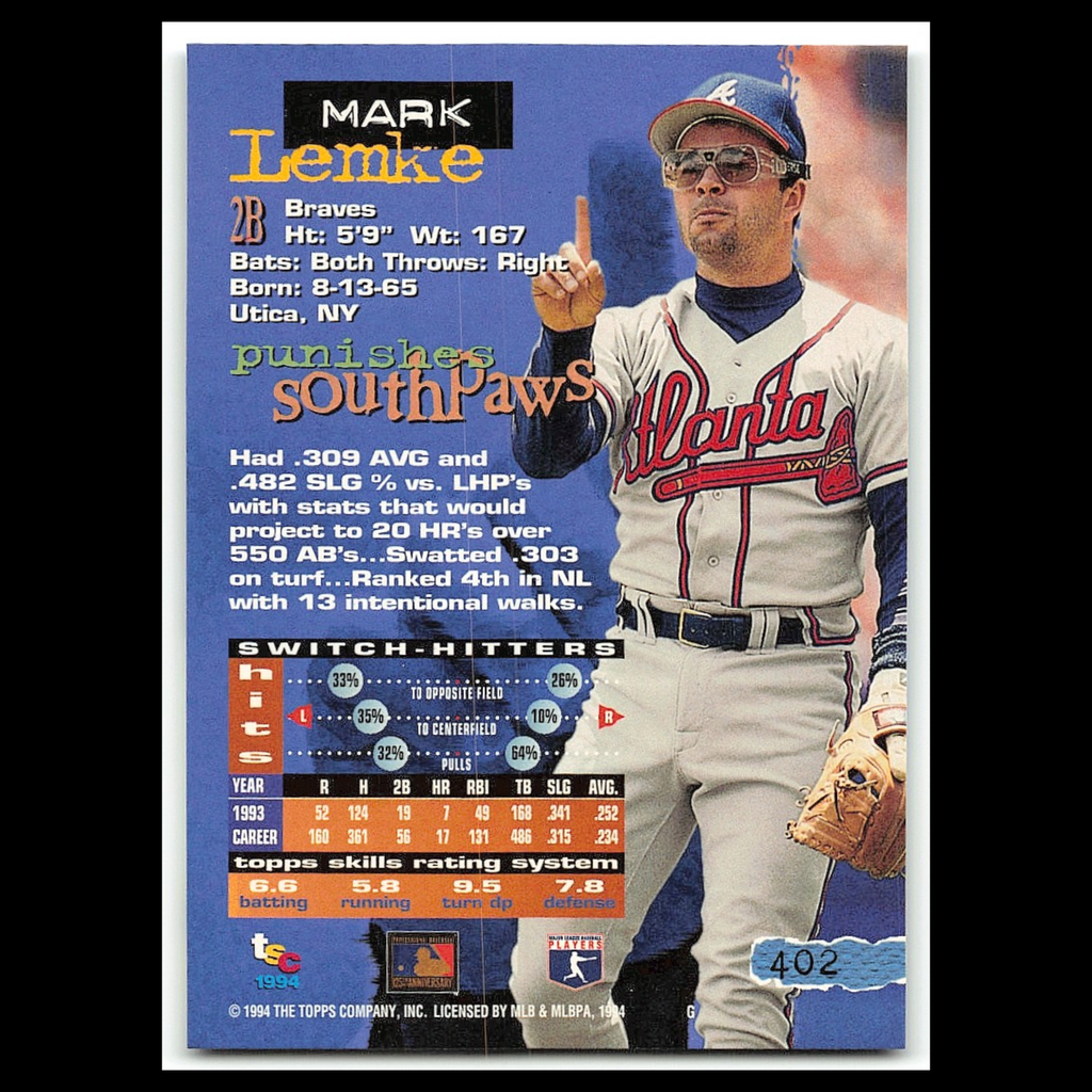 Mark Lemke #402 1994 Topps Stadium Club Atlanta Braves Baseball Card MLB NM