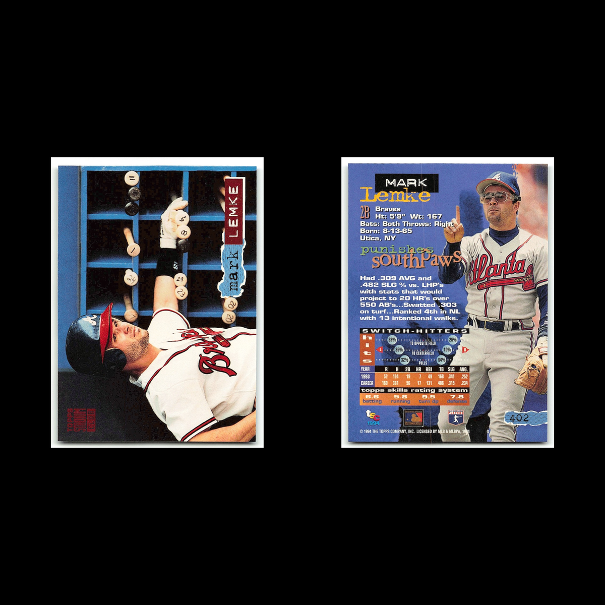 Mark Lemke #402 1994 Topps Stadium Club Atlanta Braves Baseball Card MLB NM
