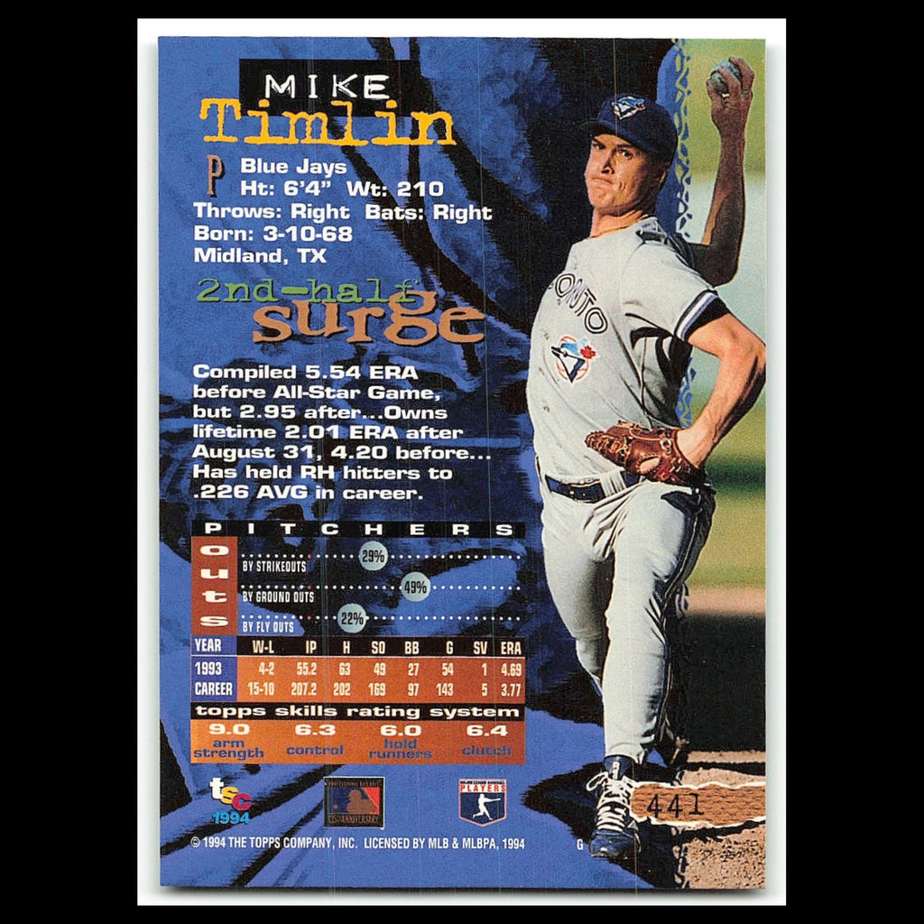 Mike Timlin #441 1994 Topps Stadium Club Toronto Blue Jays Baseball Card MLB NM