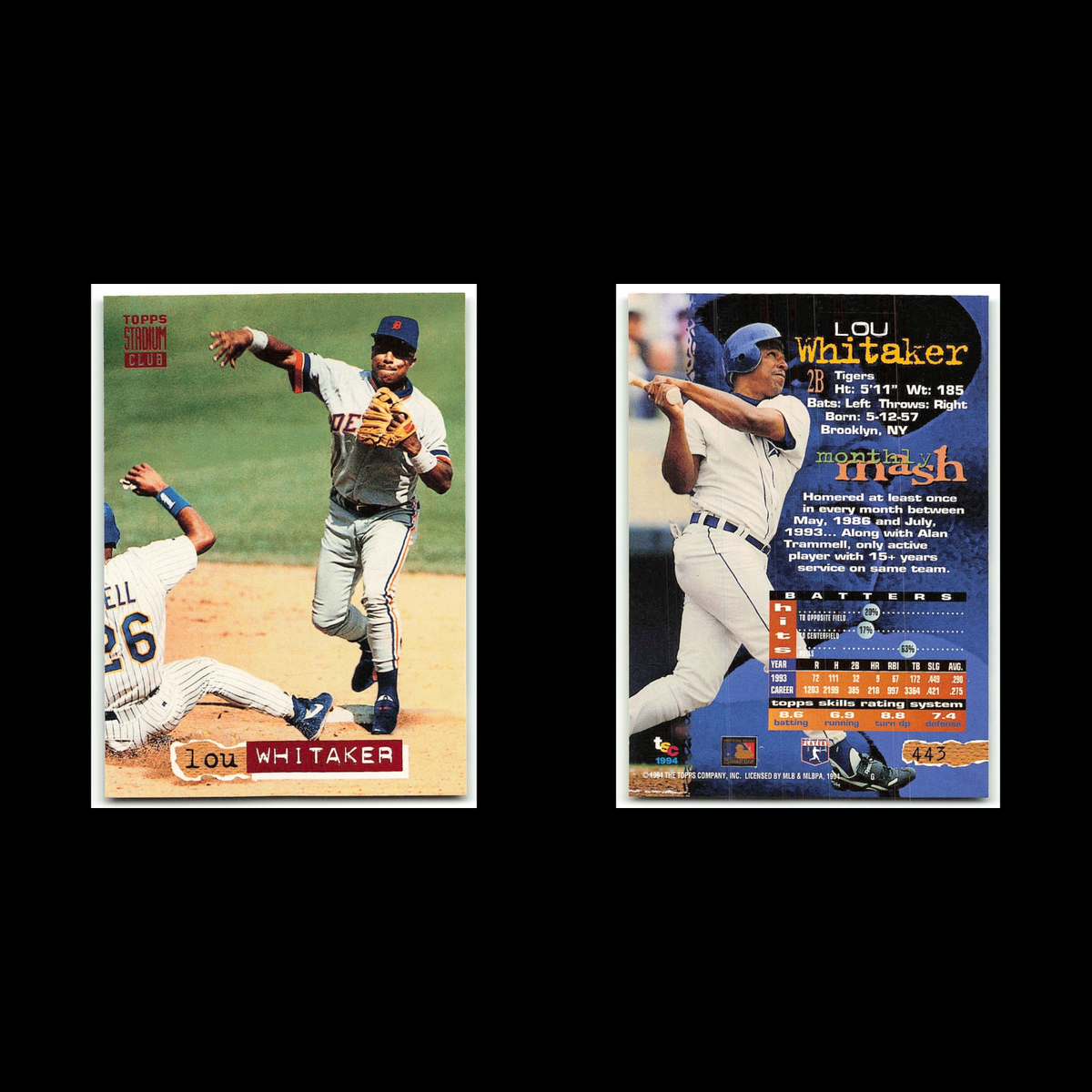 Lou Whitaker #443 1994 Topps Stadium Club Detroit Tigers Baseball Card MLB NM