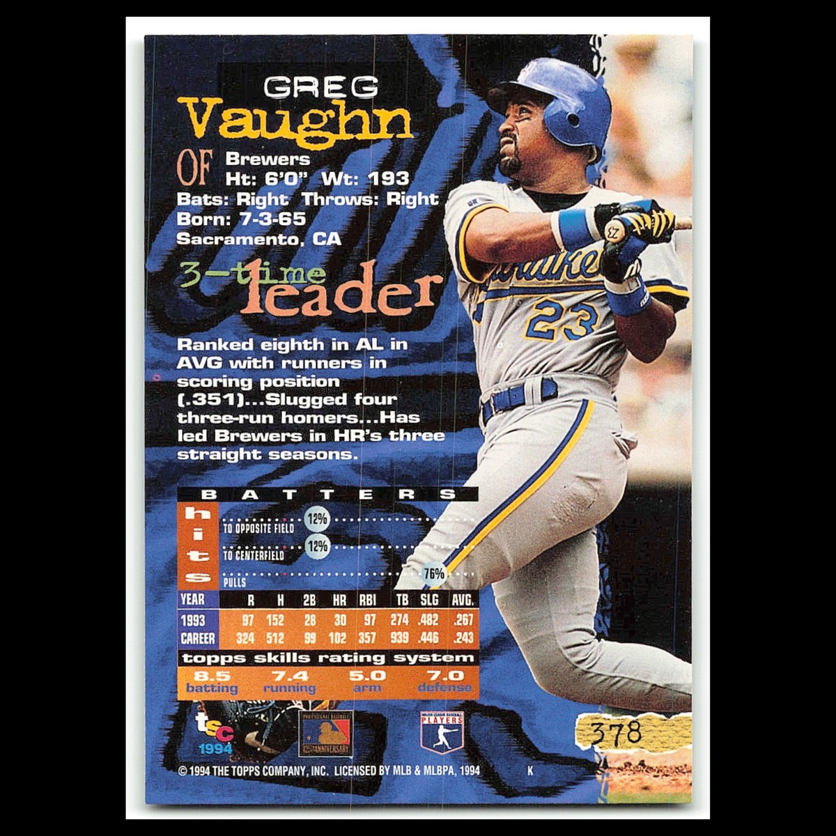 Greg Vaughn #378 1994 Topps Stadium Club Milwaukee Brewers Baseball Card MLB NM