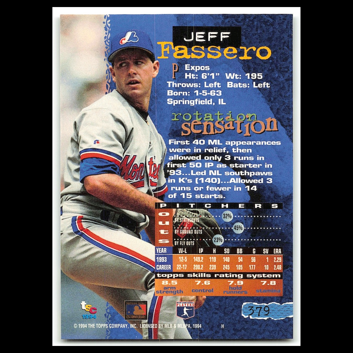 Jeff Fassero #379 1994 Topps Stadium Club Montreal Expos Baseball Card MLB NM