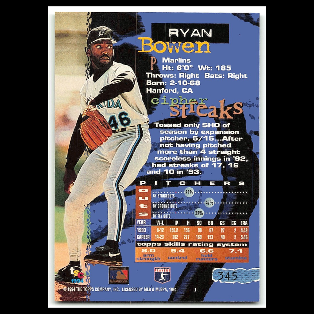 Ryan Bowen #345 1994 Topps Stadium Club Florida Marlins Baseball Card MLB NM