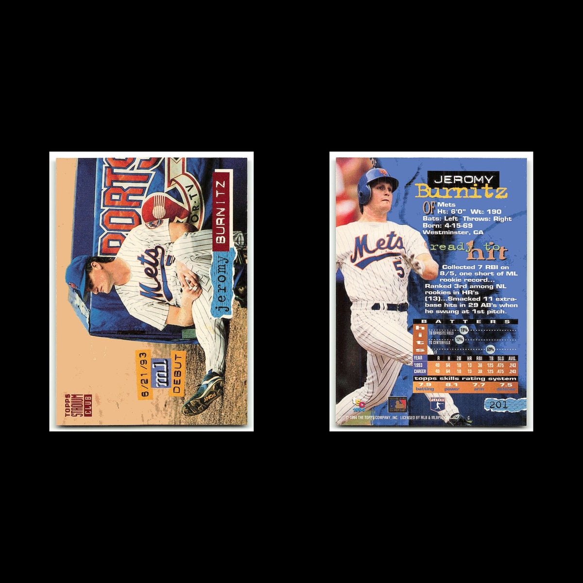 Jeromy Burnitz Rookie #201 1994 Topps Stadium Club New York Mets Baseball Card