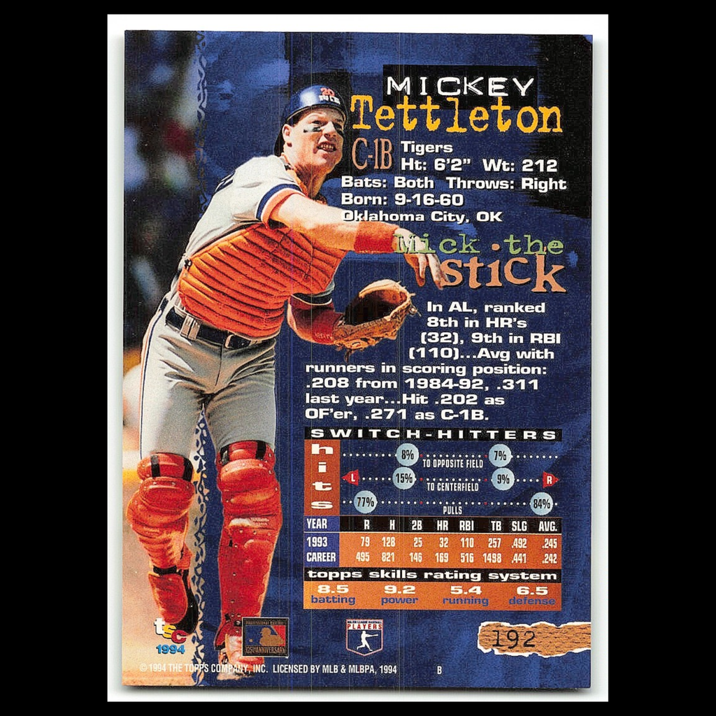 Mickey Tettleton #192 1994 Topps Stadium Club Detroit Tigers Baseball Card MLB